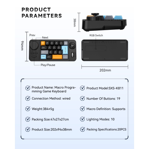 19-key macro-defined joystick dual-wheel RGB hot-swappable macro-defined wired mechanical gaming keyboard computer accessories - black