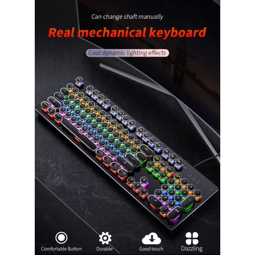 104-key interchangeable axis gaming e-sports punk wired, RGB backlit computer gaming keyboard alloy panel electro-polished gold-black mixed light