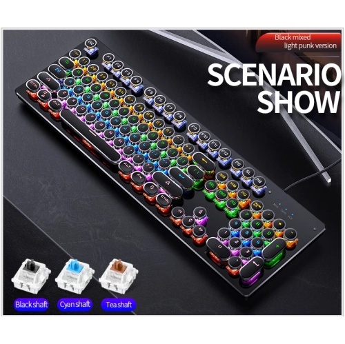 104-key interchangeable axis gaming e-sports punk wired, RGB backlit computer gaming keyboard alloy panel electro-polished gold-black mixed light