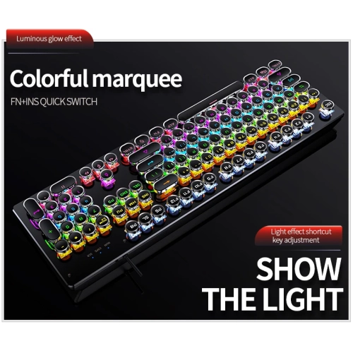 104-key interchangeable axis gaming e-sports punk wired, RGB backlit computer gaming keyboard alloy panel electro-polished gold-black mixed light