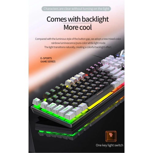 Clavier de jeu avec fil Couleur mixte toucher mécanique lumineux Accessoires d'ordinateur de bureau rétroéclairage RVB à 104 touches, noir-lumière