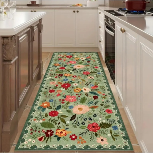 BOLDDECO  Colorful Floral Non-Slip Runner Mat 2'x10' – Soft Washable Polyester Rug With Rubber Backing for Kitchen, Hallway, Bedroom, Bathroom