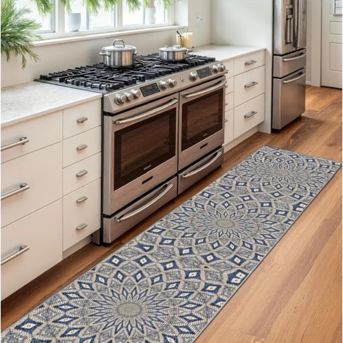 Moroccan-Inspired Blue & White Geometric Runner Rug – 2'x10', 850g/0.31" Thick, Machine Washable – Elegant Decorative Rug for Entryway, Kitchen,