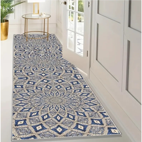 Moroccan-Inspired Blue & White Geometric Runner Rug – 2'x10', 850g/0.31" Thick, Machine Washable – Elegant Decorative Rug for Entryway, Kitchen,