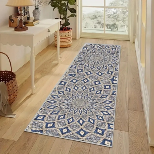 Moroccan-Inspired Blue & White Geometric Runner Rug – 2.6'x8', 850g/0.31" Thick, Machine Washable – Elegant Decorative Rug for Entryway, Kitchen,