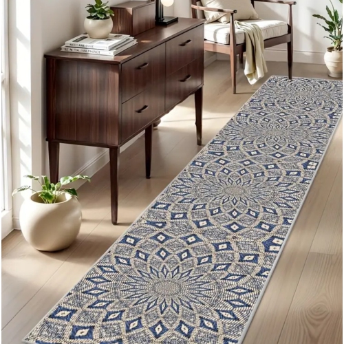 Moroccan-Inspired Blue & White Geometric Runner Rug – 2.6'x8', 850g/0.31" Thick, Machine Washable – Elegant Decorative Rug for Entryway, Kitchen,