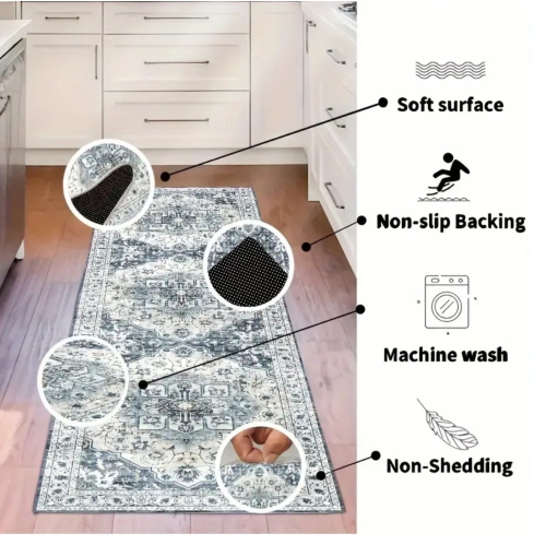 Moroccan-Inspired Blue & White Geometric Runner Rug – 2.6'x8', 850g/0.31" Thick, Machine Washable – Elegant Decorative Rug for Entryway, Kitchen,