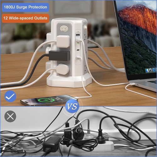 PASSUS Power Bar, Long Extension Cord 10FT 1625W|13A with Multiple Outlets, Surge Protector Tower