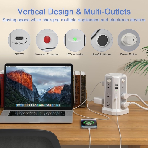 PASSUS Power Bar, Long Extension Cord 10FT 1625W|13A with Multiple Outlets, Surge Protector Tower