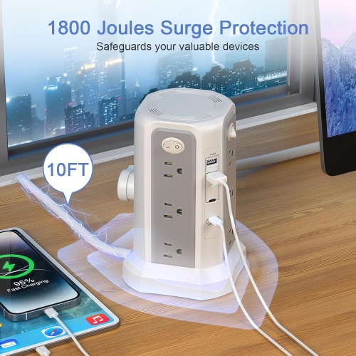 PASSUS Power Bar, Long Extension Cord 10FT 1625W|13A with Multiple Outlets, Surge Protector Tower