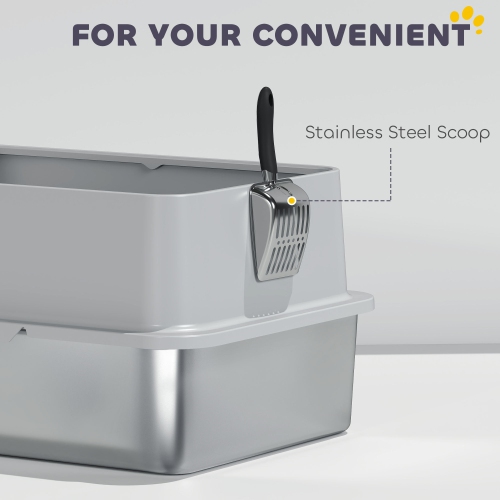 PawHut – Bac à litière en acier inoxydable, très grand bac à litière pour chats gros et multiples avec paroi haute, cuillère, anti-fuites, nettoyage