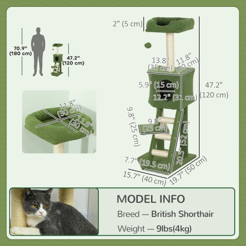 PawHut 47 Inches Cat Tree, Multi-Level Cat Tower with Condo, Kitten Climbing Activity Center with Sisal Scratching Posts, Ladder, Plush Perch and