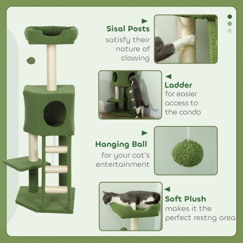 PawHut 47 Inches Cat Tree, Multi-Level Cat Tower with Condo, Kitten Climbing Activity Center with Sisal Scratching Posts, Ladder, Plush Perch and