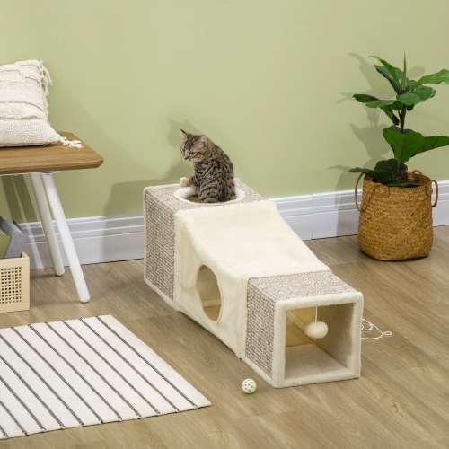 PawHut – Tunnel long pour chats de 39&nbsp;po avec boule suspendue, enveloppe en peluche pour chats d'extérieur Catio avec deux grottes, blanc crème