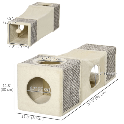 PawHut – Tunnel long pour chats de 39&nbsp;po avec boule suspendue, enveloppe en peluche pour chats d'extérieur Catio avec deux grottes, blanc crème