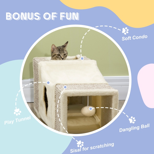 PawHut – Tunnel long pour chats de 39&nbsp;po avec boule suspendue, enveloppe en peluche pour chats d'extérieur Catio avec deux grottes, blanc crème