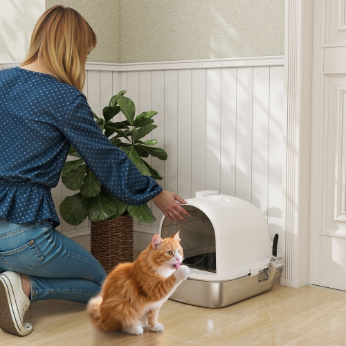 PawHut – Bac à litière en acier inoxydable avec couvercle, bac à litière fermé avec cuillère, sac désodorisant, poignée, anti-odeur, antiadhésif et