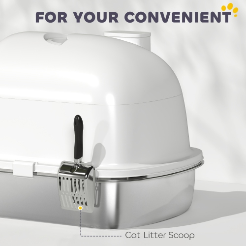 PawHut – Bac à litière en acier inoxydable avec couvercle, bac à litière fermé avec cuillère, sac désodorisant, poignée, anti-odeur, antiadhésif et