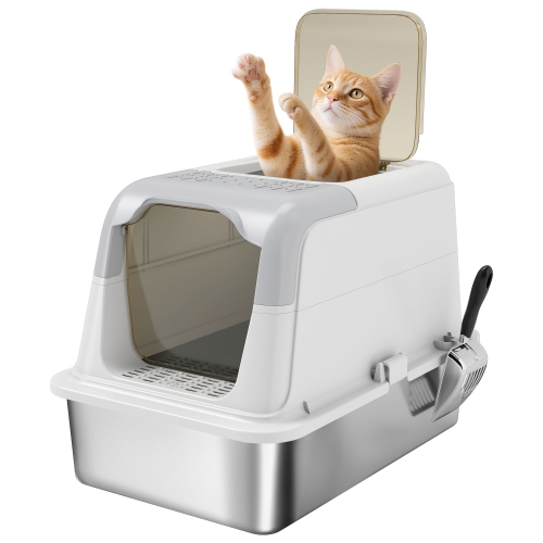 PawHut Stainless Steel Litter Box with Lid, Enclosed Kitty Litter Box with High Sided, Front-Entry and Top-Exit, Scoop, Deodorizer Bag, Non-Sticky