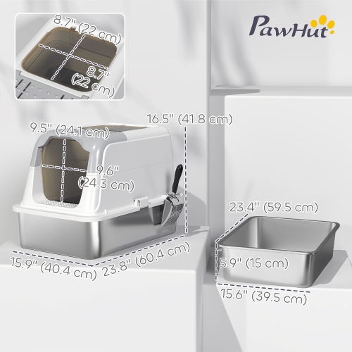 PawHut Stainless Steel Litter Box with Lid, Enclosed Kitty Litter Box with High Sided, Front-Entry and Top-Exit, Scoop, Deodorizer Bag, Non-Sticky
