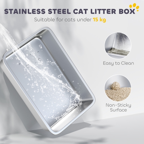 PawHut Stainless Steel Litter Box with Lid, Enclosed Kitty Litter Box with High Sided, Front-Entry and Top-Exit, Scoop, Deodorizer Bag, Non-Sticky
