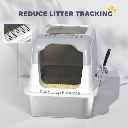 PawHut Stainless Steel Litter Box with Lid, Enclosed Kitty Litter Box with High Sided, Front-Entry and Top-Exit, Scoop, Deodorizer Bag, Non-Sticky