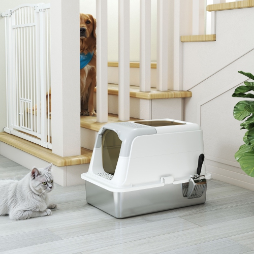 PawHut Stainless Steel Litter Box with Lid, Enclosed Kitty Litter Box with High Sided, Front-Entry and Top-Exit, Scoop, Deodorizer Bag, Non-Sticky