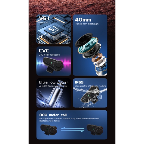 Motorcycle Intercom, 2 Pack Helmet Headset Wireless Communication System to 800M with CVC Noise Cancellation IP65 Waterproof FM