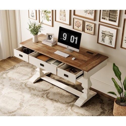 WAMAPT 59 inch Executive Desk with 3 Drawers, Farmhouse Large Office Computer Desk with Charging Station, Wooden Study Writing Table for Home Office,