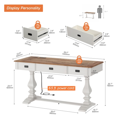 WAMAPT 59 inch Executive Desk with 3 Drawers, Farmhouse Large Office Computer Desk with Charging Station, Wooden Study Writing Table for Home Office,