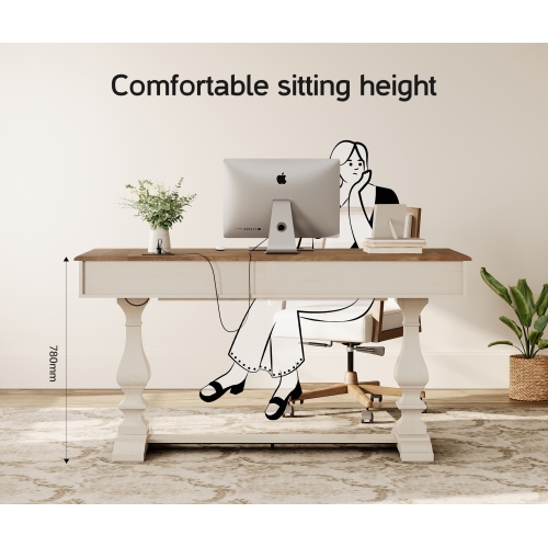 WAMAPT 59 inch Executive Desk with 3 Drawers, Farmhouse Large Office Computer Desk with Charging Station, Wooden Study Writing Table for Home Office,