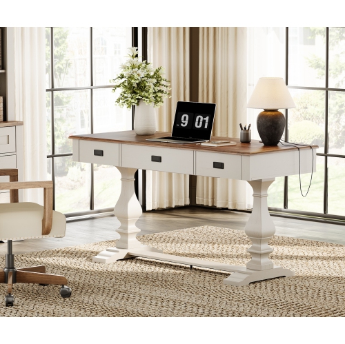 WAMAPT 59 inch Executive Desk with 3 Drawers, Farmhouse Large Office Computer Desk with Charging Station, Wooden Study Writing Table for Home Office,