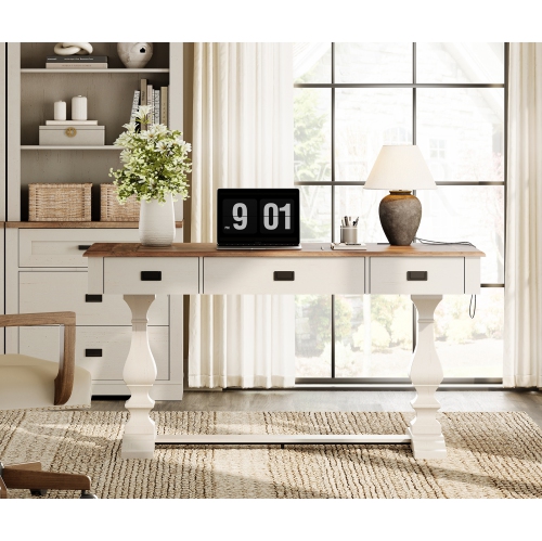 WAMAPT 59 inch Executive Desk with 3 Drawers, Farmhouse Large Office Computer Desk with Charging Station, Wooden Study Writing Table for Home Office,