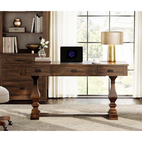 WAMAPT 59 inch Executive Desk with 3 Drawers, Farmhouse Modern Large Office Computer Desk with Charging Station, Wooden Study Writing Table for Home