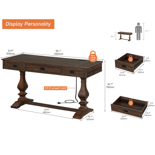 WAMAPT 59 inch Executive Desk with 3 Drawers, Farmhouse Modern Large Office Computer Desk with Charging Station, Wooden Study Writing Table for Home