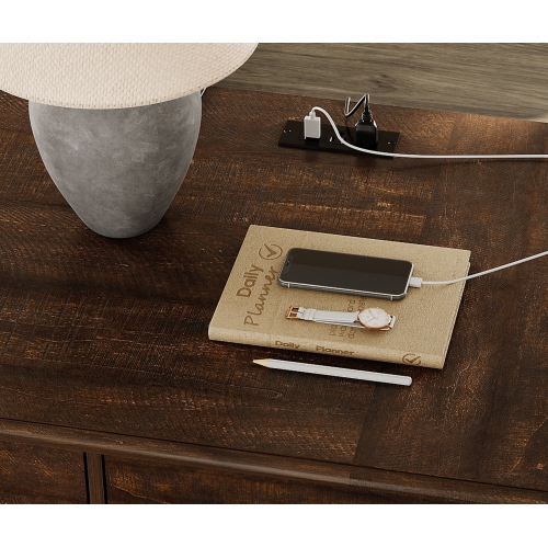 WAMAPT 59 inch Executive Desk with 3 Drawers, Farmhouse Modern Large Office Computer Desk with Charging Station, Wooden Study Writing Table for Home