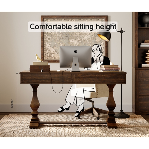 WAMAPT 59 inch Executive Desk with 3 Drawers, Farmhouse Modern Large Office Computer Desk with Charging Station, Wooden Study Writing Table for Home