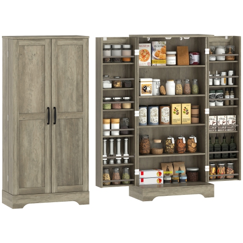 HOMCOM 50" Kitchen Pantry Cabinet, Farmhouse Freestanding Buffet Storage Cabinet with Doors, Adjustable Shelves and 12 Door Shelves, Distressed Grey