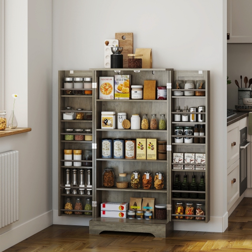 HOMCOM 50" Kitchen Pantry Cabinet, Farmhouse Freestanding Buffet Storage Cabinet with Doors, Adjustable Shelves and 12 Door Shelves, Distressed Grey