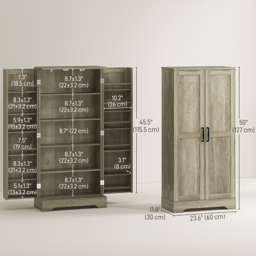 HOMCOM 50" Kitchen Pantry Cabinet, Farmhouse Freestanding Buffet Storage Cabinet with Doors, Adjustable Shelves and 12 Door Shelves, Distressed Grey