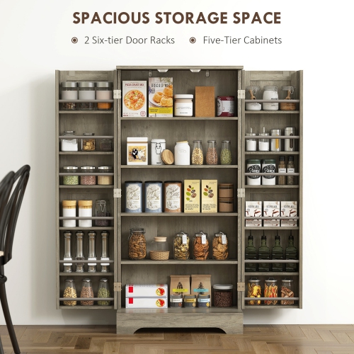 HOMCOM 50" Kitchen Pantry Cabinet, Farmhouse Freestanding Buffet Storage Cabinet with Doors, Adjustable Shelves and 12 Door Shelves, Distressed Grey