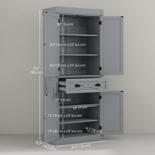 HOMCOM 72.5" Tall Kitchen Pantry Cabinet, Farmhouse Freestanding Kitchen Storage Cabinet with 4 Barn Doors, Drawer and Adjustable Shelves, Grey