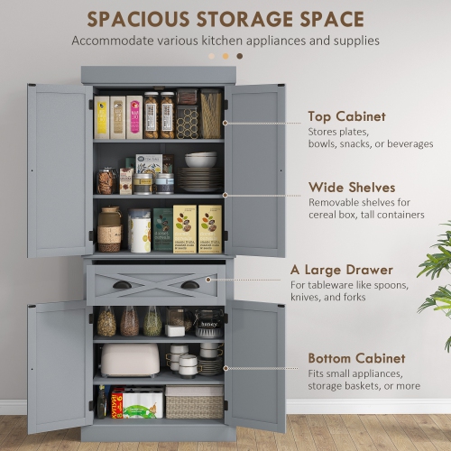 HOMCOM 72.5" Tall Kitchen Pantry Cabinet, Farmhouse Freestanding Kitchen Storage Cabinet with 4 Barn Doors, Drawer and Adjustable Shelves, Grey