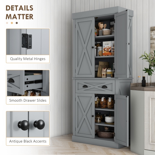 HOMCOM 72.5" Tall Kitchen Pantry Cabinet, Farmhouse Freestanding Kitchen Storage Cabinet with 4 Barn Doors, Drawer and Adjustable Shelves, Grey