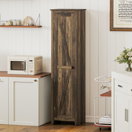 HOMCOM 67" Kitchen Pantry Cabinet, Freestanding Farmhouse Kitchen Storage Cabinet with Barn Door and Adjustable Shelves, Brown Wood Grain