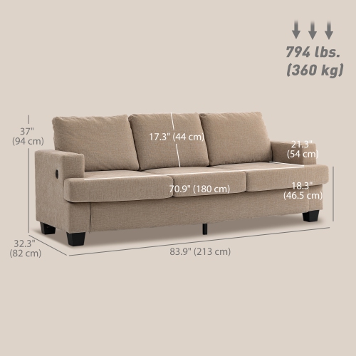 HOMCOM 3 Seater Sofa with USB Charging Ports & Cup Holders, 84" Modern Chenille-Feel Upholstered Couch with Thick Padded and Steel Frame for Living