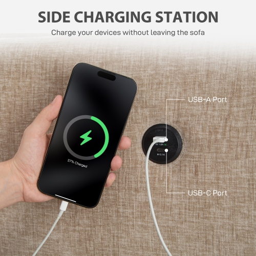 HOMCOM 3 Seater Sofa with USB Charging Ports & Cup Holders, 84" Modern Chenille-Feel Upholstered Couch with Thick Padded and Steel Frame for Living