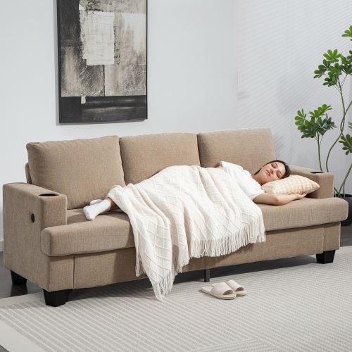 HOMCOM 3 Seater Sofa with USB Charging Ports & Cup Holders, 84" Modern Chenille-Feel Upholstered Couch with Thick Padded and Steel Frame for Living