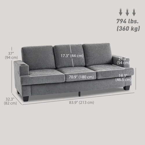 HOMCOM 3 Seater Sofa with USB Charging Ports & Cup Holders, 84" Modern Chenille-Feel Upholstered Couch with Thick Padded and Steel Frame for Living