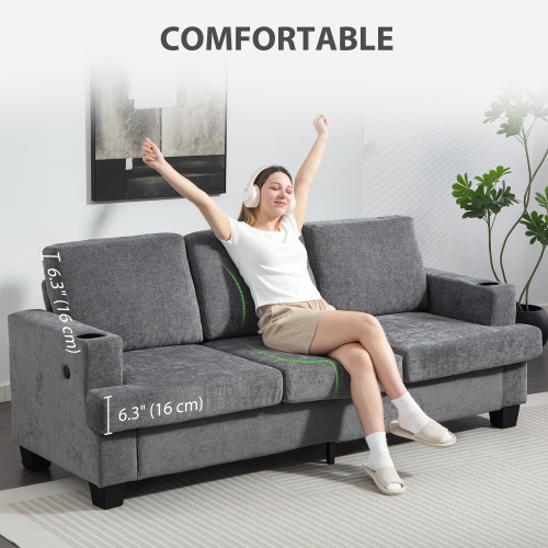 HOMCOM 3 Seater Sofa with USB Charging Ports & Cup Holders, 84" Modern Chenille-Feel Upholstered Couch with Thick Padded and Steel Frame for Living